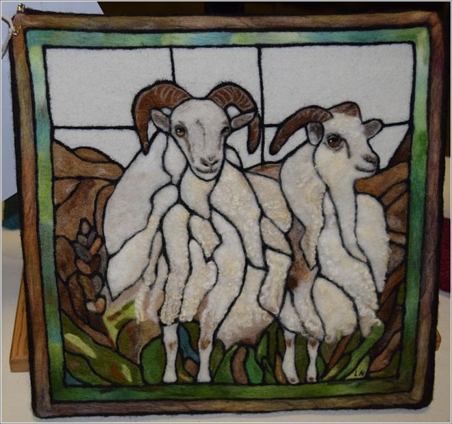 Lester Nishimura�s needle-felted �stained glass� Pygora goats. Photo: Peggy Lundquist.